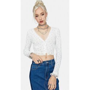 Le Lis Women’s Large Floral Long Sleeve Crop Top Lace Trim Coquette Y2K NEW